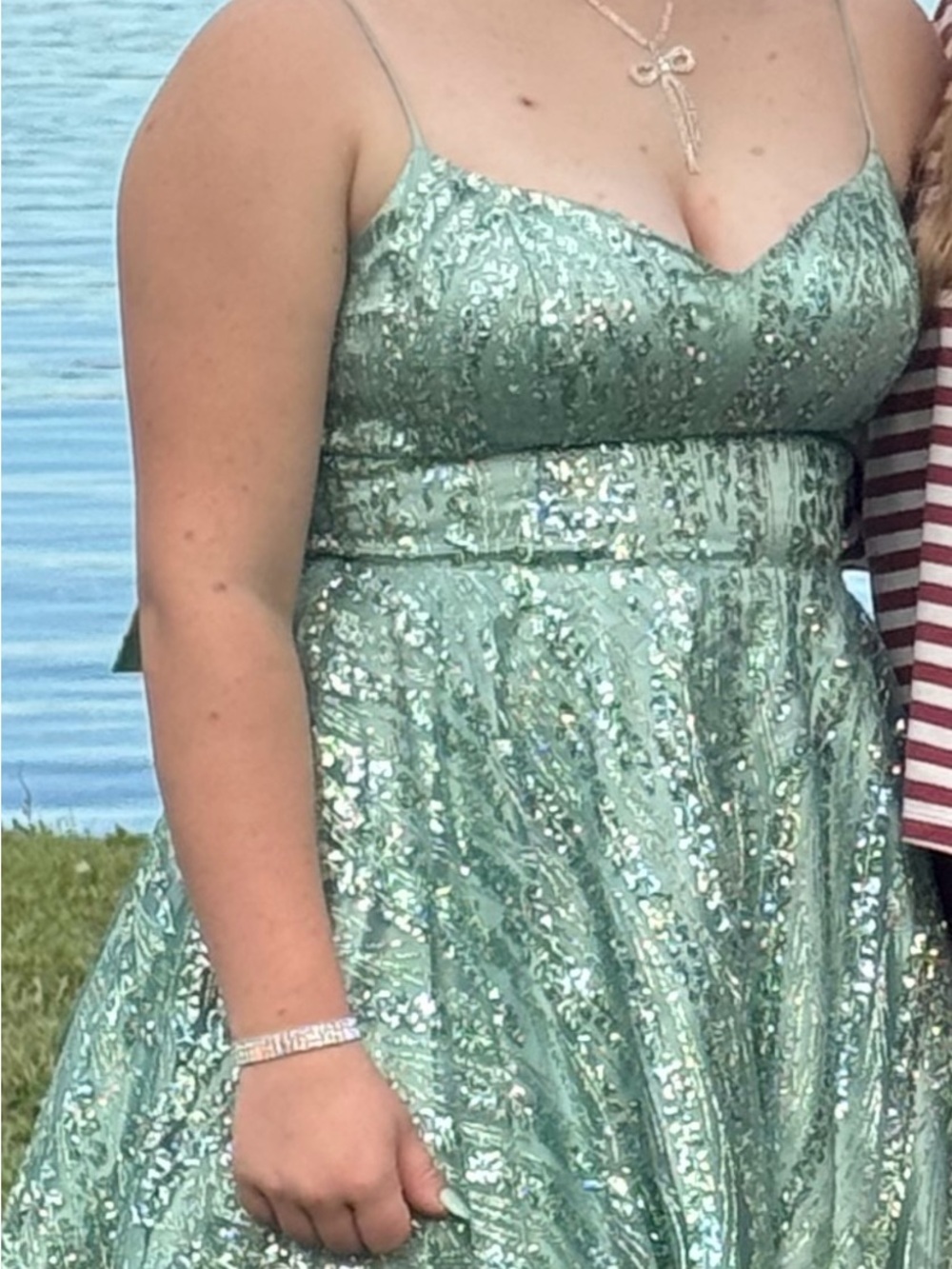 Windsor Mint Green Sequin Spaghetti-Strap Prom Dress